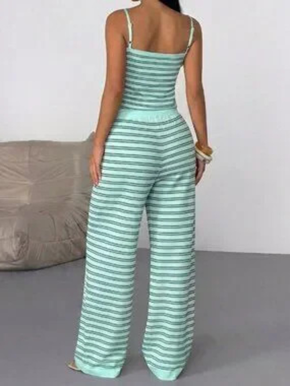 Mint Blue Casual Women's Striped Spaghetti Strap Top & Wide Leg Pants Set